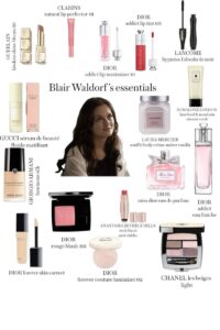 Imagem com produtos de beleza essenciais de Blair Waldorf, incluindo marcas como Dior, Guerlain, Gucci, e Chanel. Produtos destacados incluem batons, blushes, e fragrâncias.