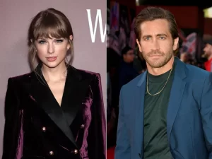 Taylor Swift e Jake Gyllenhaal em um split image, ideal para casais improváveis de Hollywood.